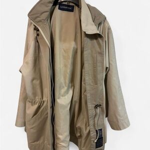 London Fog Hooded Trench Coat - Tan Utility Rain Jacket - Drawstring Waist - M